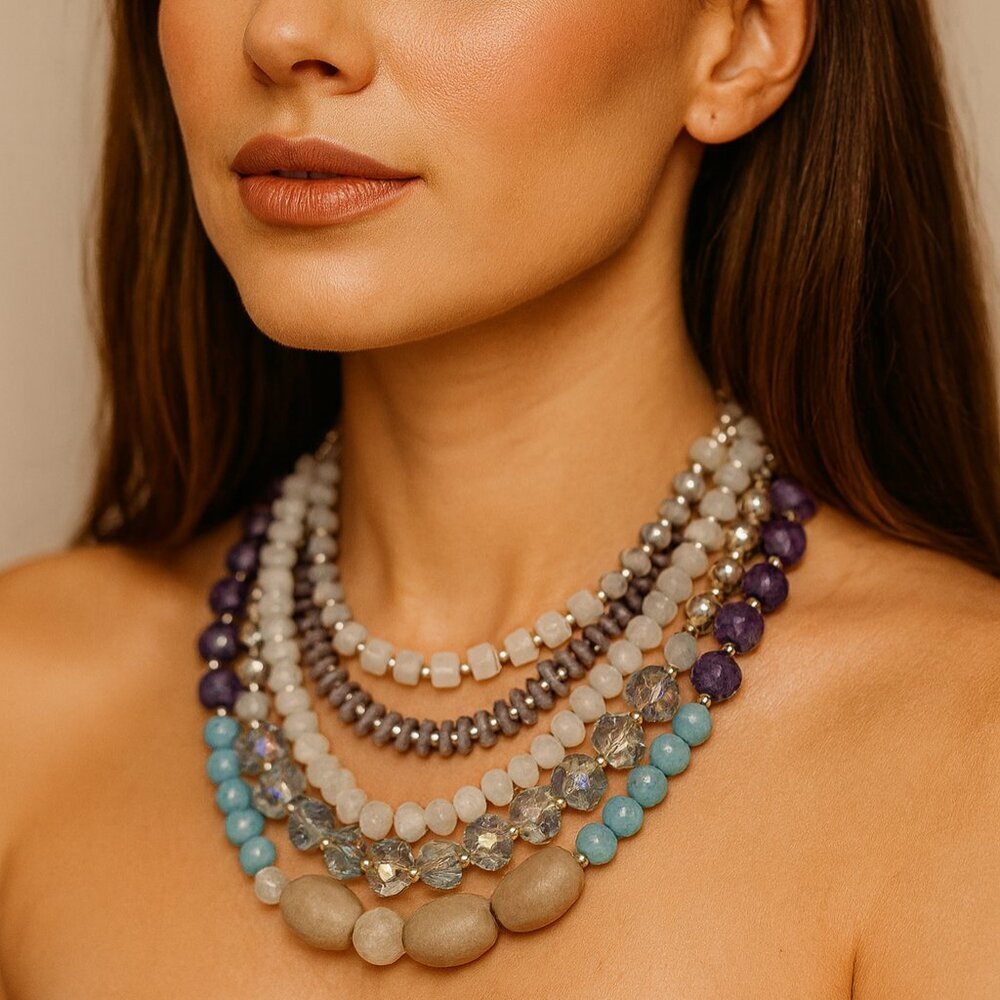 Vintage Beaded Silver and Blue Leather Necklace